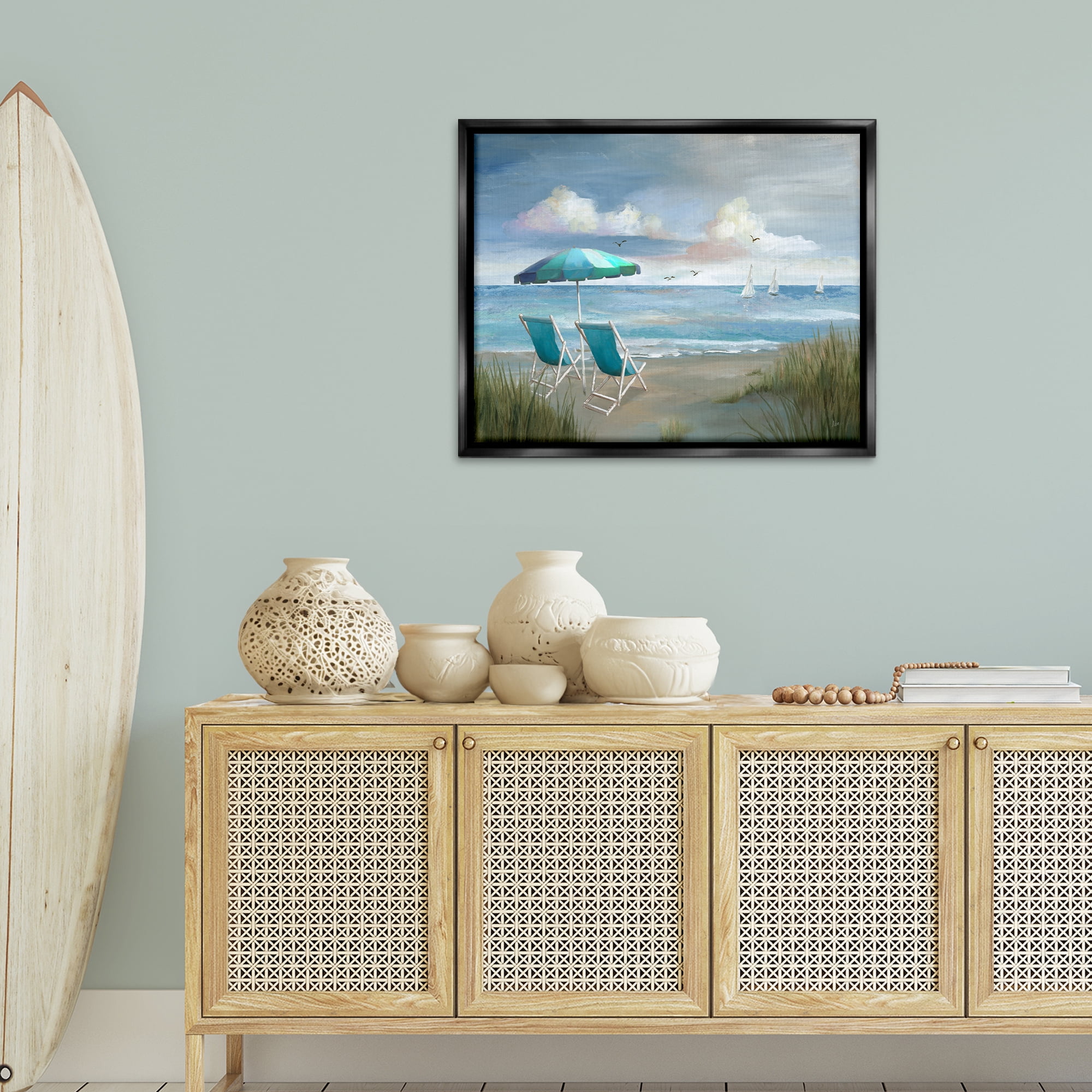 Stupell Industries Seagulls over Calm Beach Nautical & Beach Painting Black Floater Framed Canvas Art Print Wall Art, 31 x 25