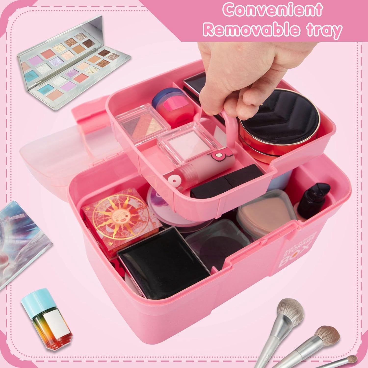 11in Mutipurpose Storage Box Organizer with Removable Tray, Portable Small Craft Organizer with Handle, Plastic Clear Tool Box Art Case for Makeup, Sewing, , Hair Accessories ()