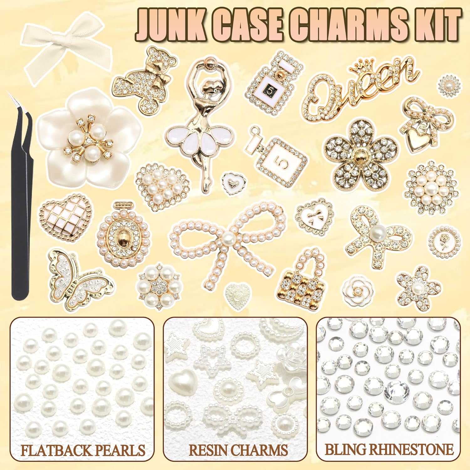 NestE- Junk Case Charms Elegant Flower Butterfly Charm for Phone Case 3D Bow Heart Bear Junk Phone Case Kit Flatback Pearls Rhinestone for Customizing DIY Craft Accessories