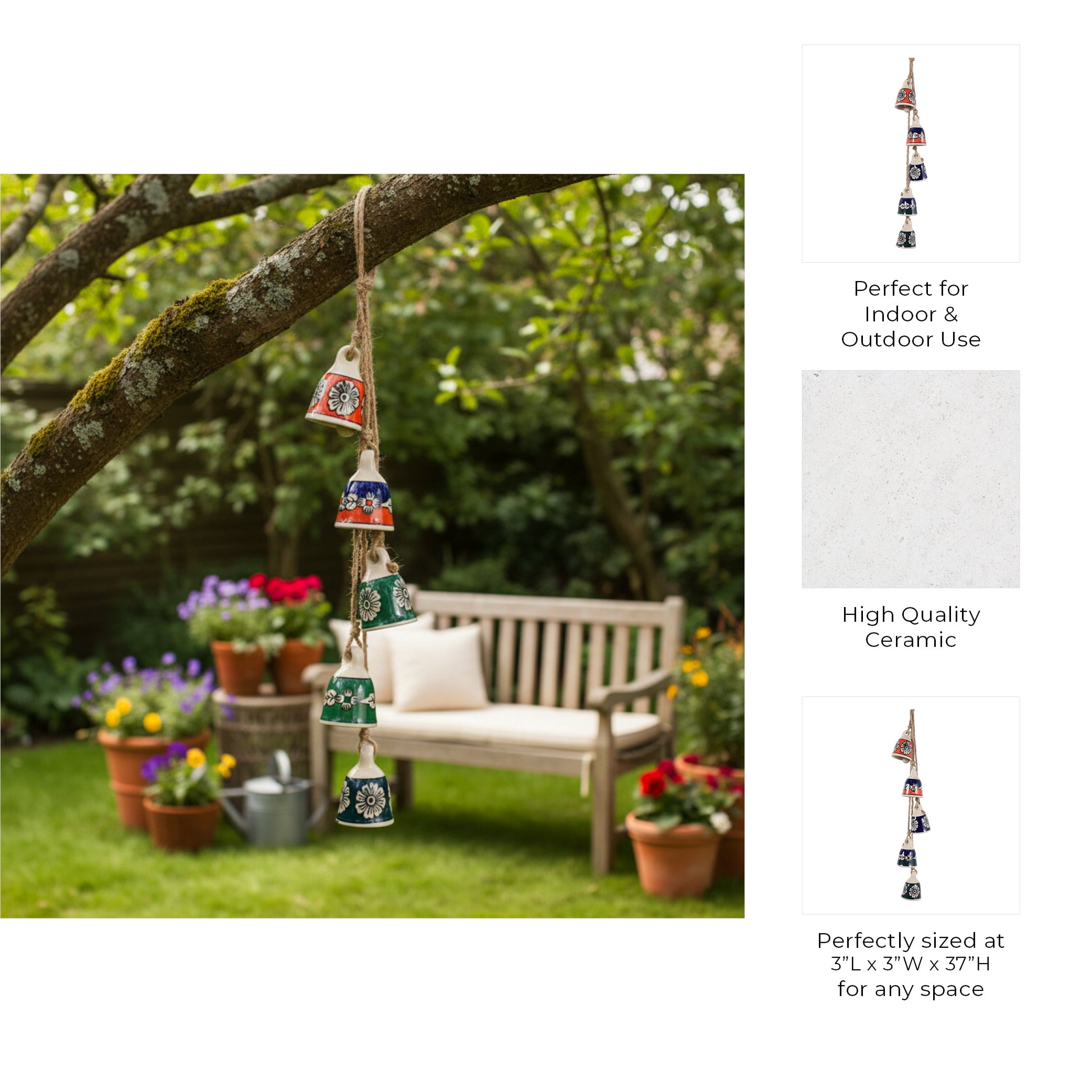 Modern Ceramic Cluster Bells for Garden Decor - Decorative Outdoor Wind Chimes for Patio, Porch, or Tree Branch - Outside Home Decoration for Window or Backyard Accent - 37", Blue & Green