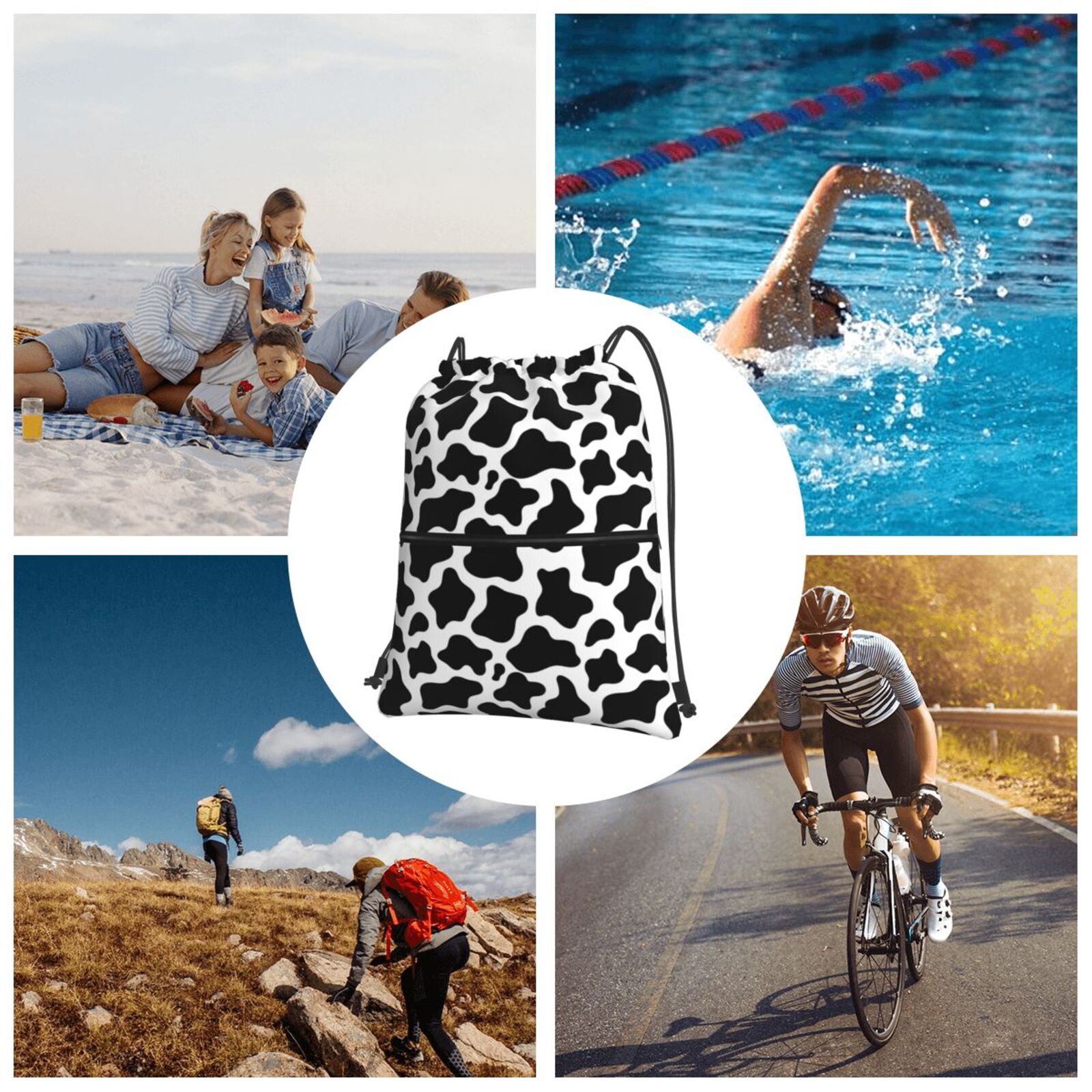 Vsdgher Cow Print Black White Drawstring Backpack Water Resistant String Bag Sports Sackpack Gym Sack for Men Women