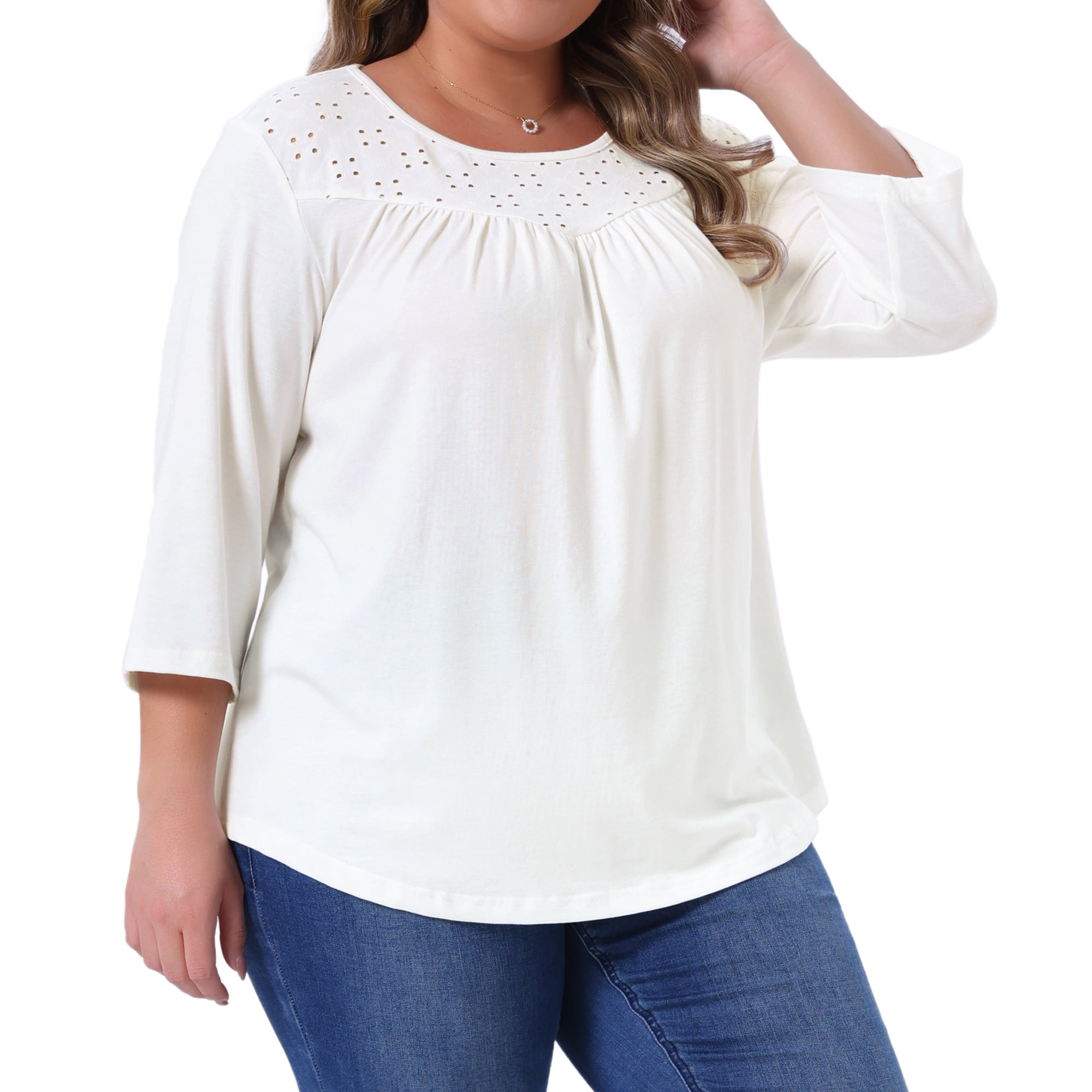 DARING DIVA Women's Plus 3/4 Sleeve Crochet Lace Detail Blouse Tunic Shirt 2X White