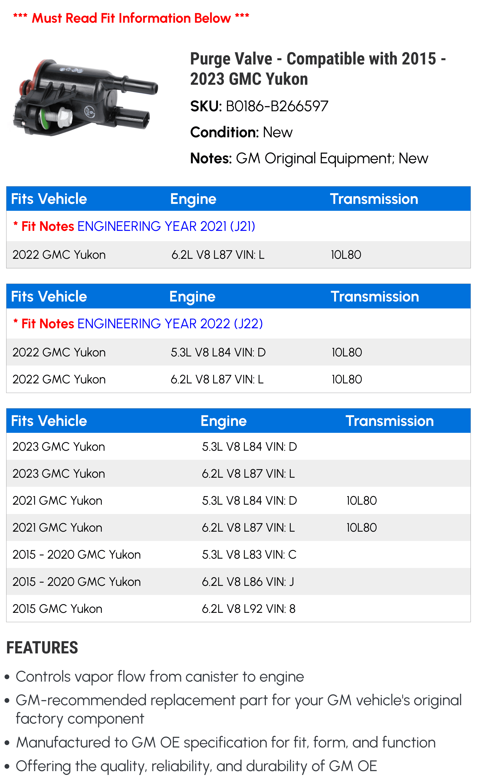 Purge Valve - Compatible with 2015 - 2023 GMC Yukon 2016 2017 2018 2019 2020 2021 2022