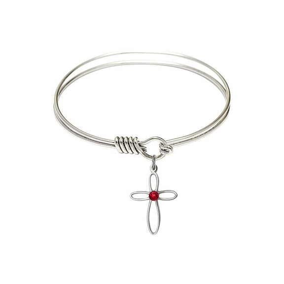 6 1/4 inch Round Eye Hook Bangle Bracelet w/ Loop Cross medal charm w/ July Red Swarovski Crystal