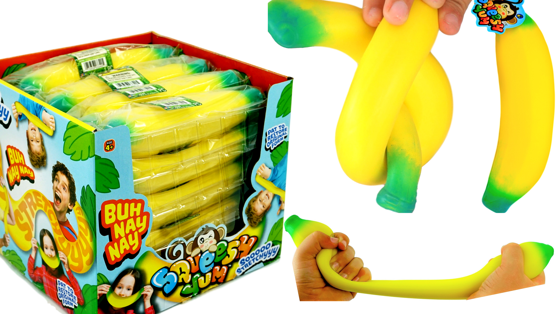 TY6279 SQUISH SQUASH RELIEF STRETCHY FRUIT MULTI COLOURED BANANA STRESS TOY