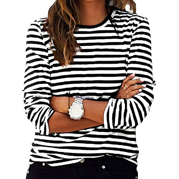 hxobax Striped Long Sleeve Tops Womens Fall Pullover Shirts Casual Round Neck Tunic Tshirts Blouses