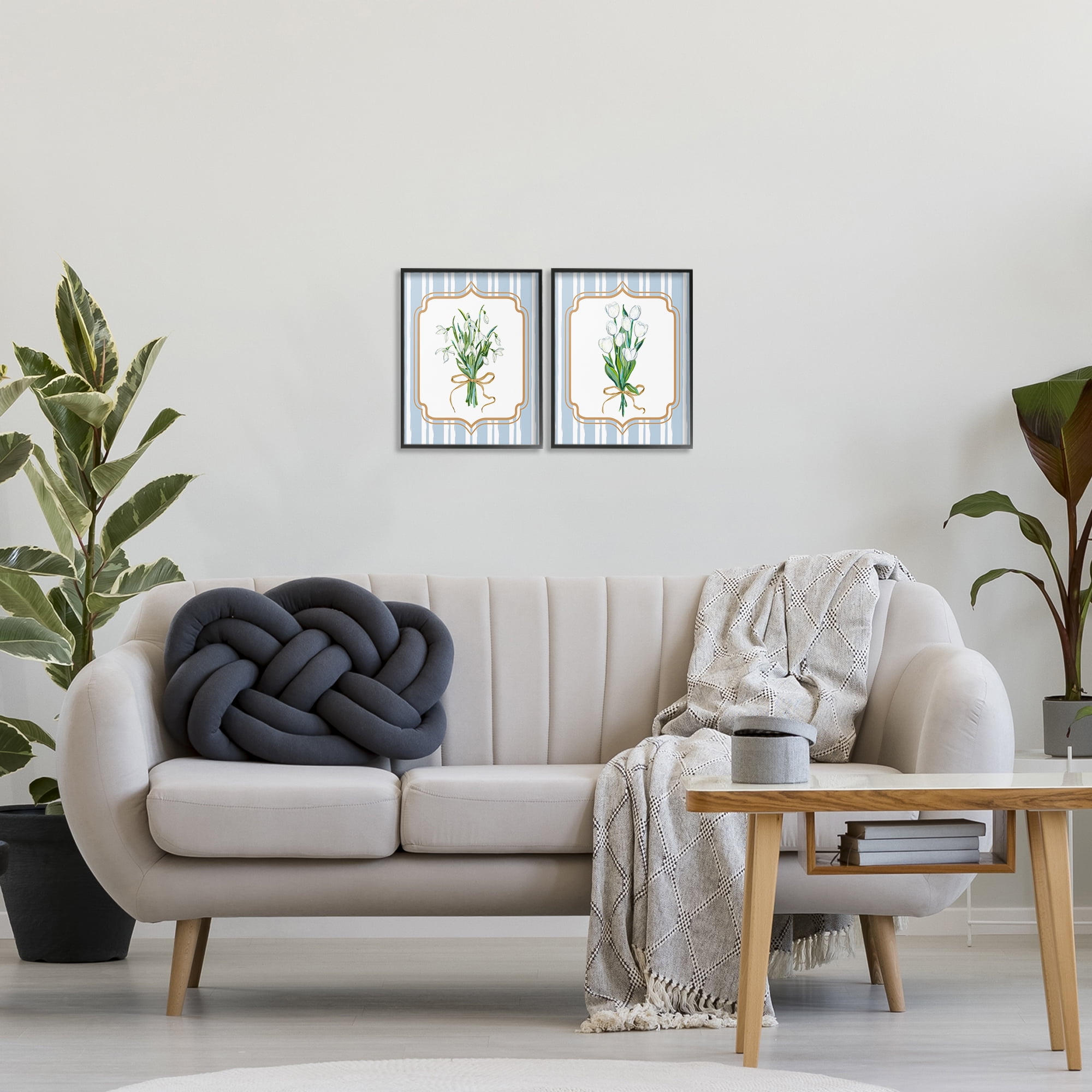 White Flowers Classic Stripes 2 Piece Black Framed Giclee Art Set, design by Adonna Ebrahimi
