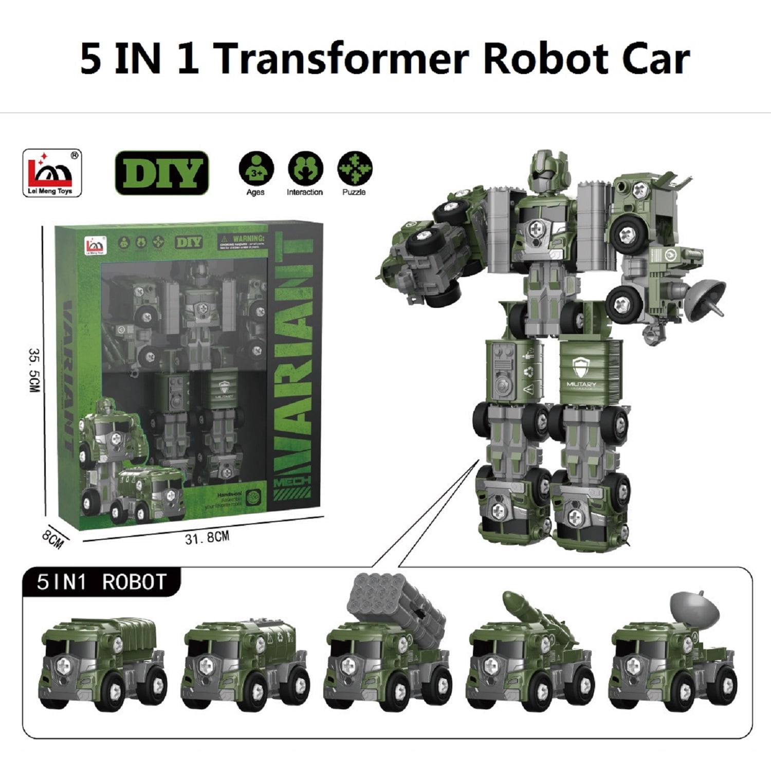 Transform Robot Toys for Boys 3-6 Year Old, 5 in 1 STEM Building Toys Cars for Toddler Boys Girls Gifts, Green