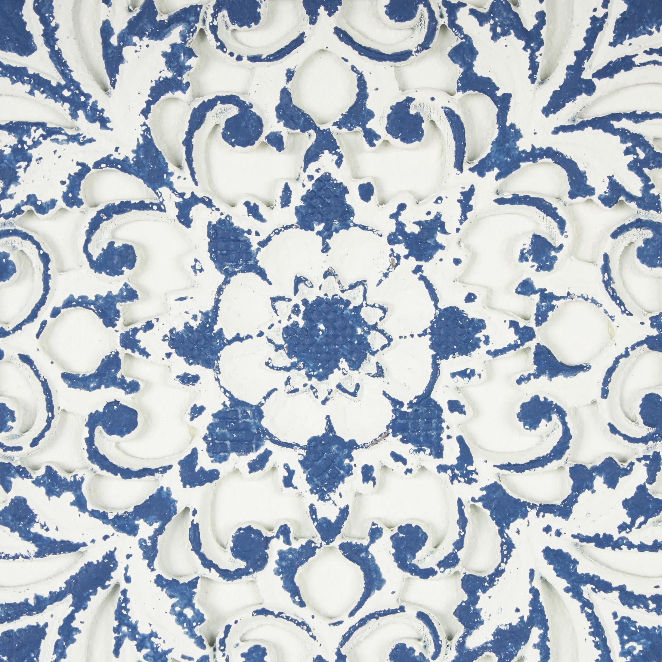 DecMode Blue Wood Relief Floral Wall Decor with Brown Woven Seagrass Frame and White Backing