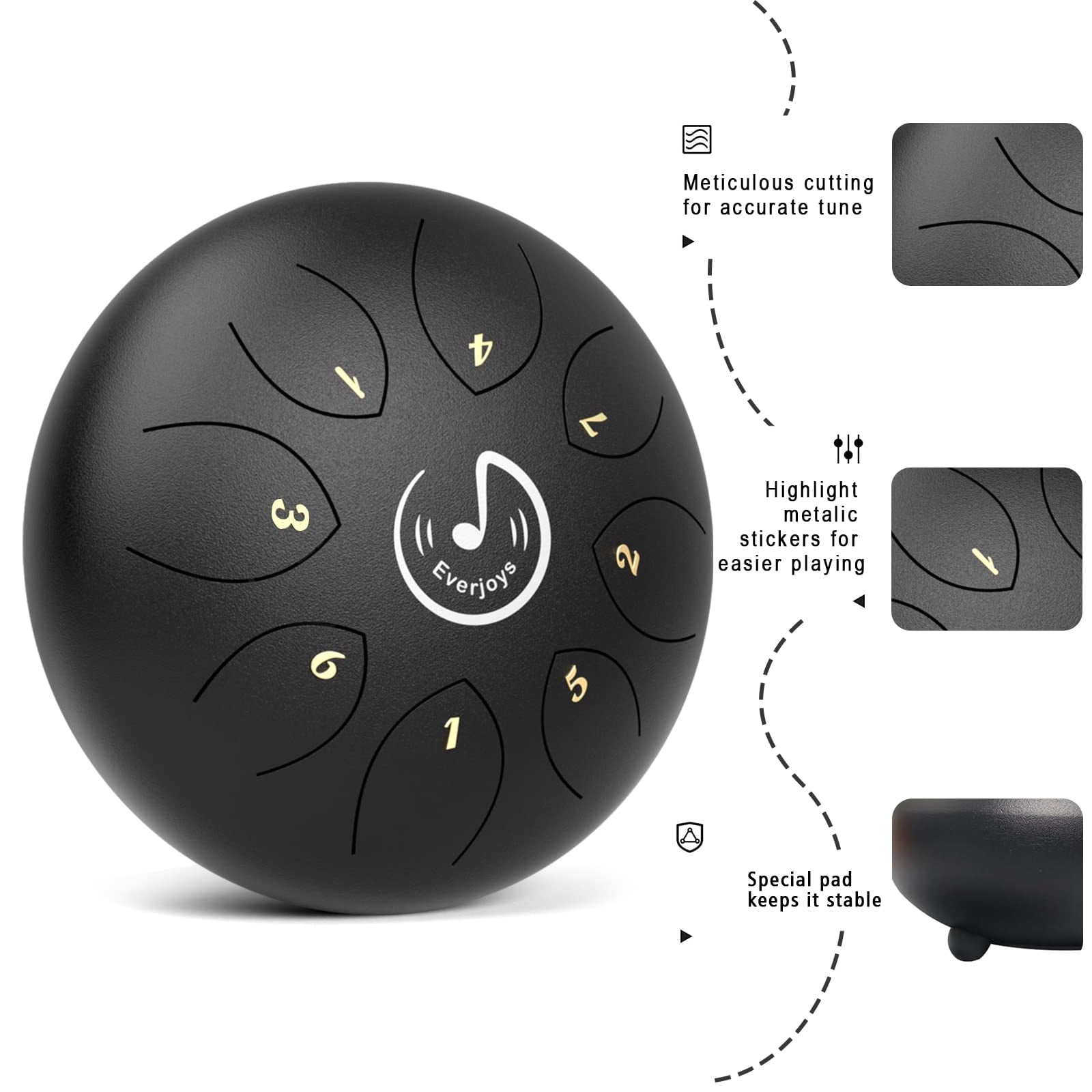 EVERJOYS Steel Tongue Drum, 8 Notes 6 Inches C-Key Handpan Drum Percussion Instrument w/Gig Bag, Music Book and Mallets for Beginner Meditation Healing Concert Yoga Steel Drum,Black
