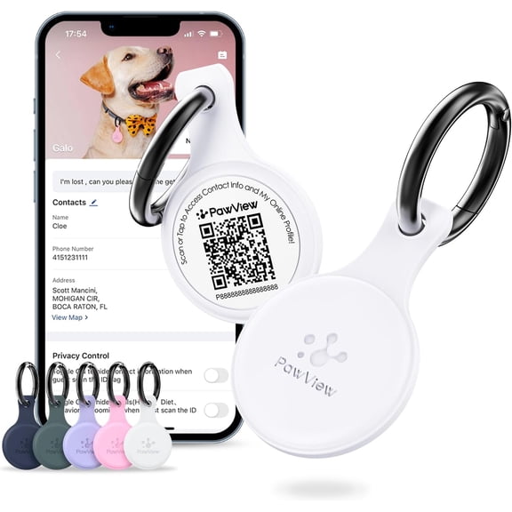 Dog ID Tag with QR Code & NFC, Silent Silicone Dog Name Tags Personalized for Pets- Scan QR for Instant Location Alert, Emergency Contact and Modifiable Pet Profile (White)