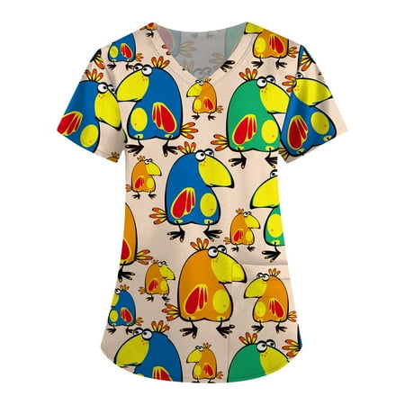 

Apepal Women Print Short Sleeve V-Neck Scrub Tops Working T-shirt