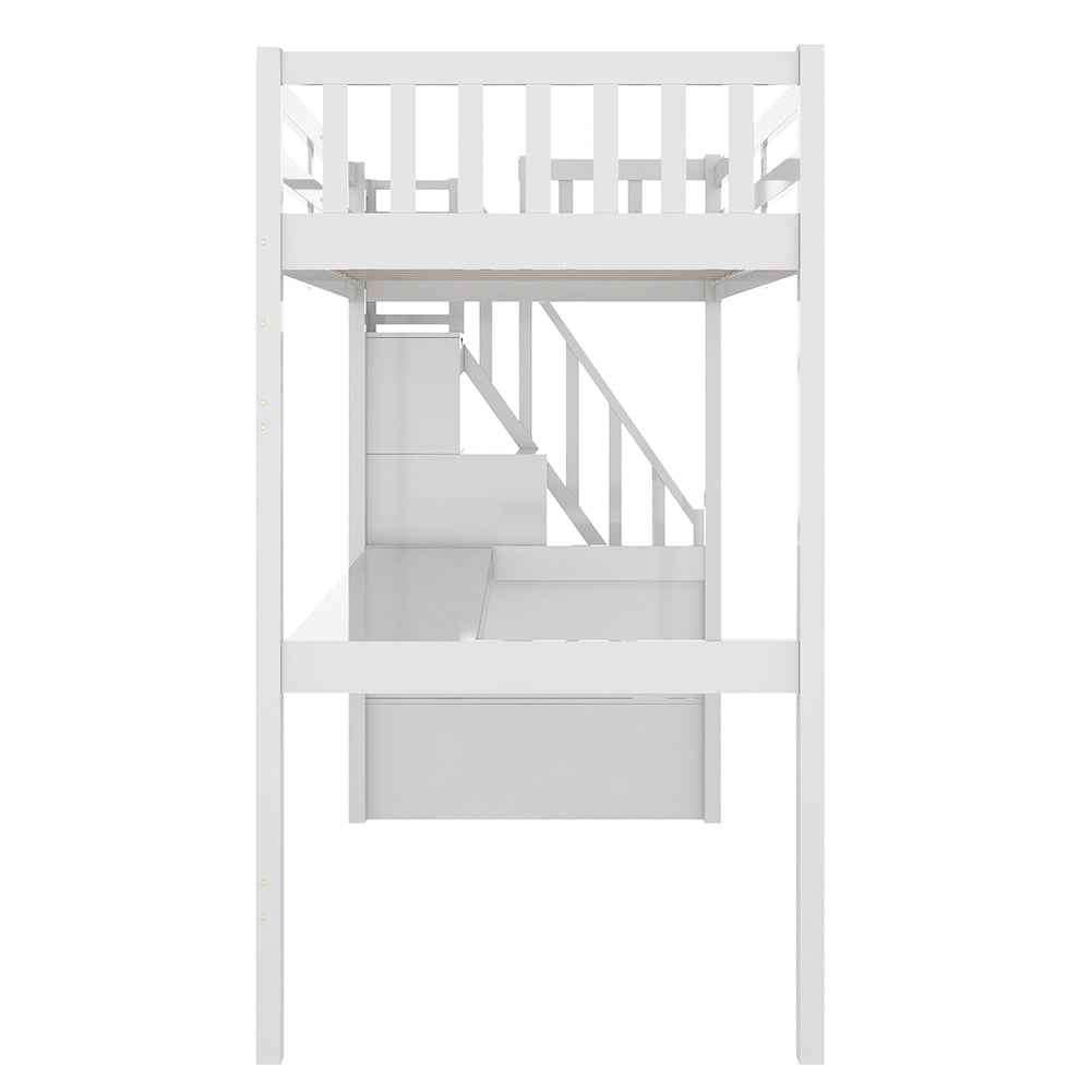 Kadyn Wooden Loft Bed with Storage Stairs, Under-bed Desk and Gaming Area, Twin, White Kadyn Wooden Loft Bed with Storage Stairs, Under-bed Desk and Gaming Area, Twin, White