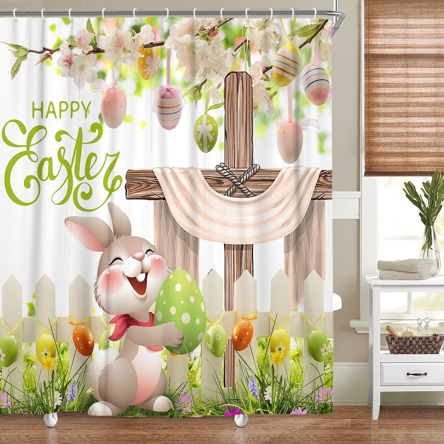 Easter Shower Curtain, Whises He Is Risen The Cross Easter Eggs Bunny Floral Shower Curtain Set, Rustic Easter Rabbit Spring Fabric Holiday Bathroom Accessories with 12PCS, 70X70IN