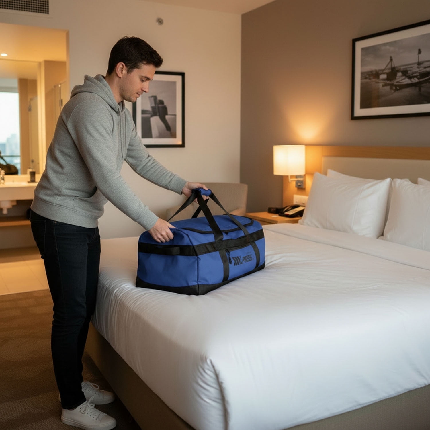 New York Xpress 40L Convertible Duffel Bag,Heavy-Duty Water-Resistant Travel Bag with Backpack Straps, Blue - LX737