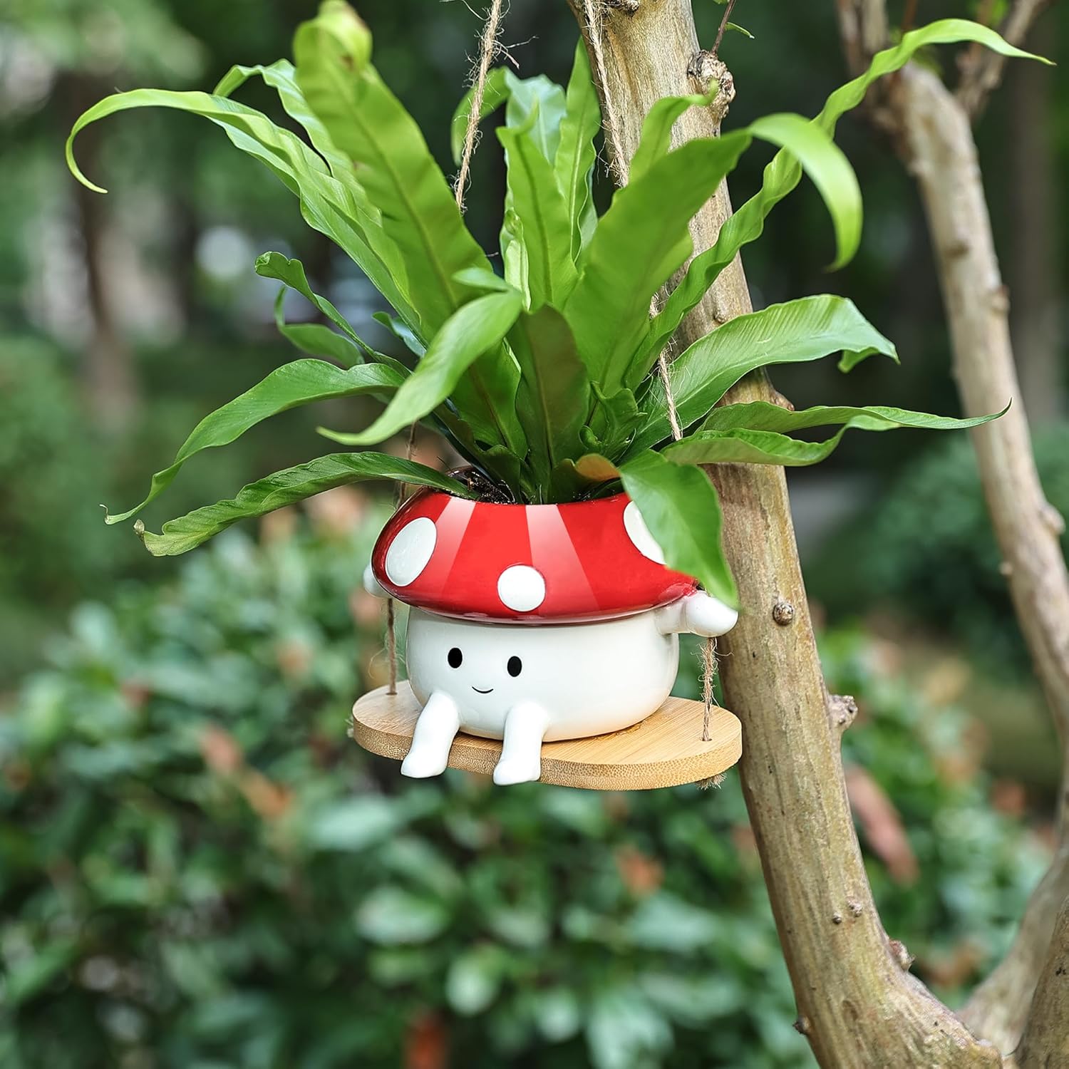 Mushroom Hanging Planter Pot, Cute Ceramic Swing Face Planter for Indoor & Outdoor, Unique Mushroom Planters for Succulents, String of Pearls Plant, Small Red & White