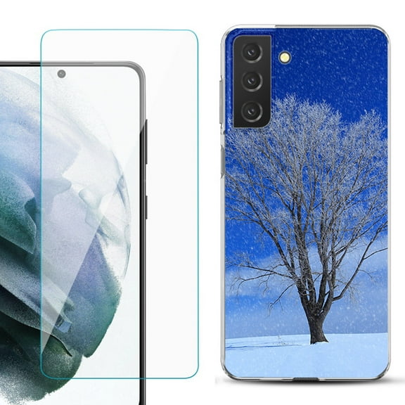 Slim-Fit TPU Fashion Phone Case for Samsung Galaxy S21 FE 5G Fan Edition, with Tempered Glass Screen Protector, by OneToughShield ® - Snowing Tree