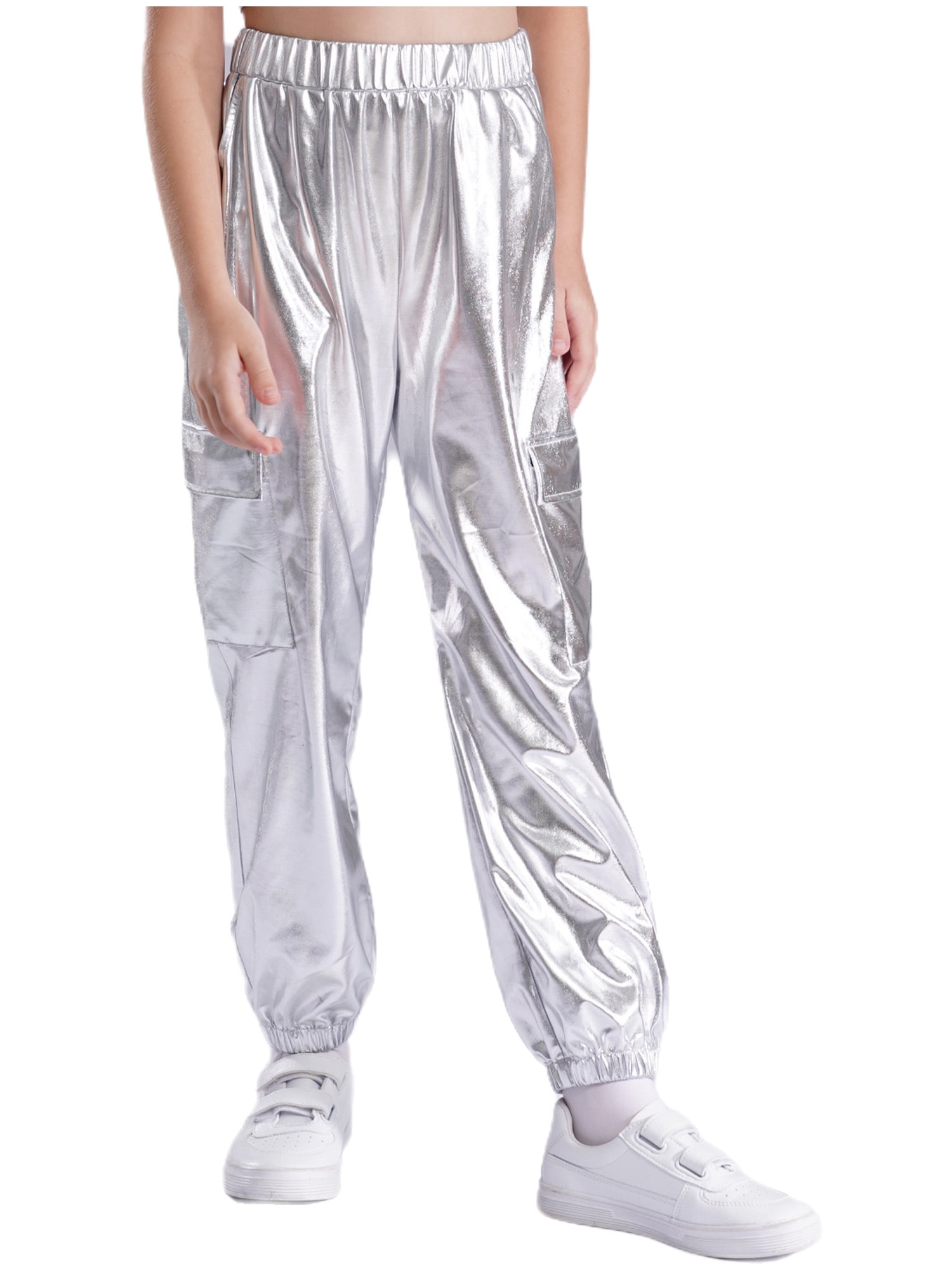 RUNQHUI Girls Boys Metallic Shiny Cargo Pants Kids Multi Pockets Joggers Holographic Hip Hop Jazz Dance Trousers Silver 6