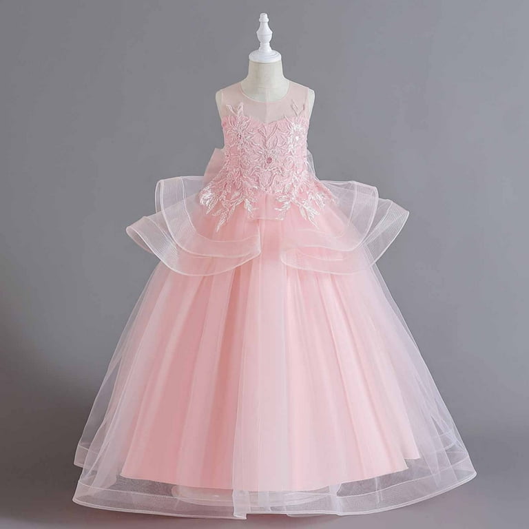 REORIAFEE Girls Dress Party Flower Girl Dresses Sleeveless Embroidery Mesh  Dress Gauze Dress Princess Dress Pink 11-12 Years - Walmart.com