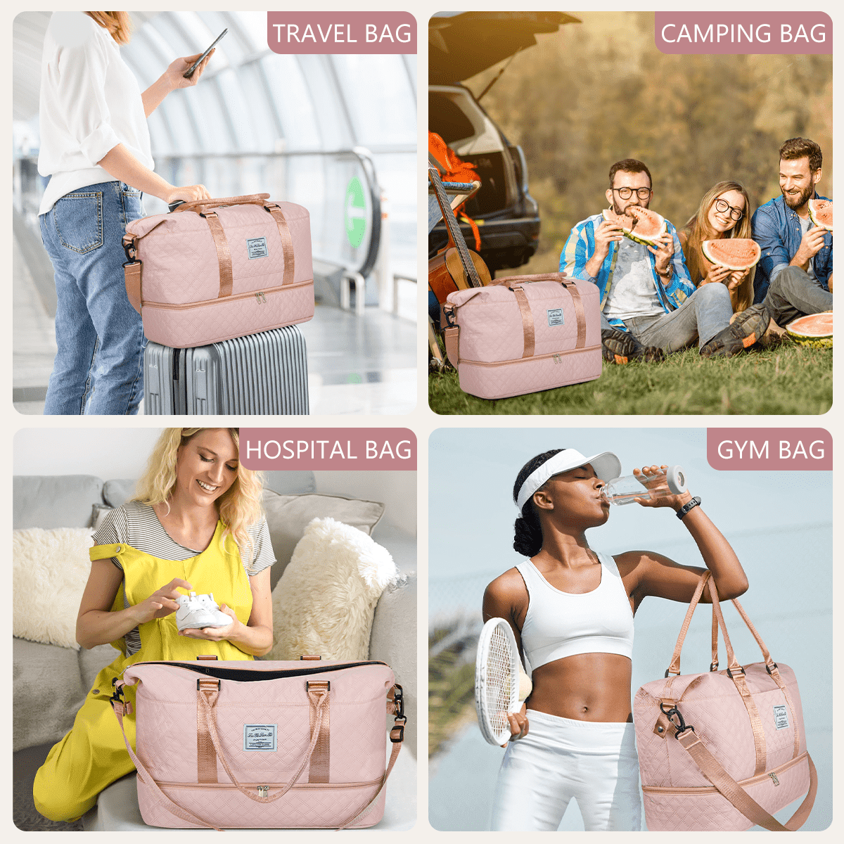 DAKOMM Weekender Overnight Bag for Women, Travel Duffel with Shoe & Wet Pockets, Includes Toiletry Bag, Ideal as Hospital or Personal Item Bag, Pink