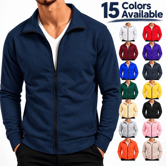 Fleece Sweatshirt Jackets for Men Full Zip Stand Collar Outerwear Fall No Hood Long Sleeve Jackets with Pockets