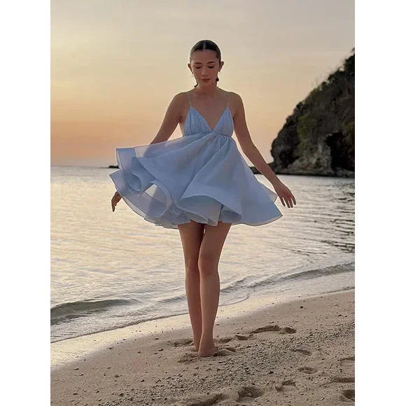 summer women V Neck Solid Mesh Sling Dress Loose Hem Backless A Line Short Dresses 2024 Summer chic Lady Vacation Beach Robes Sexy ZM