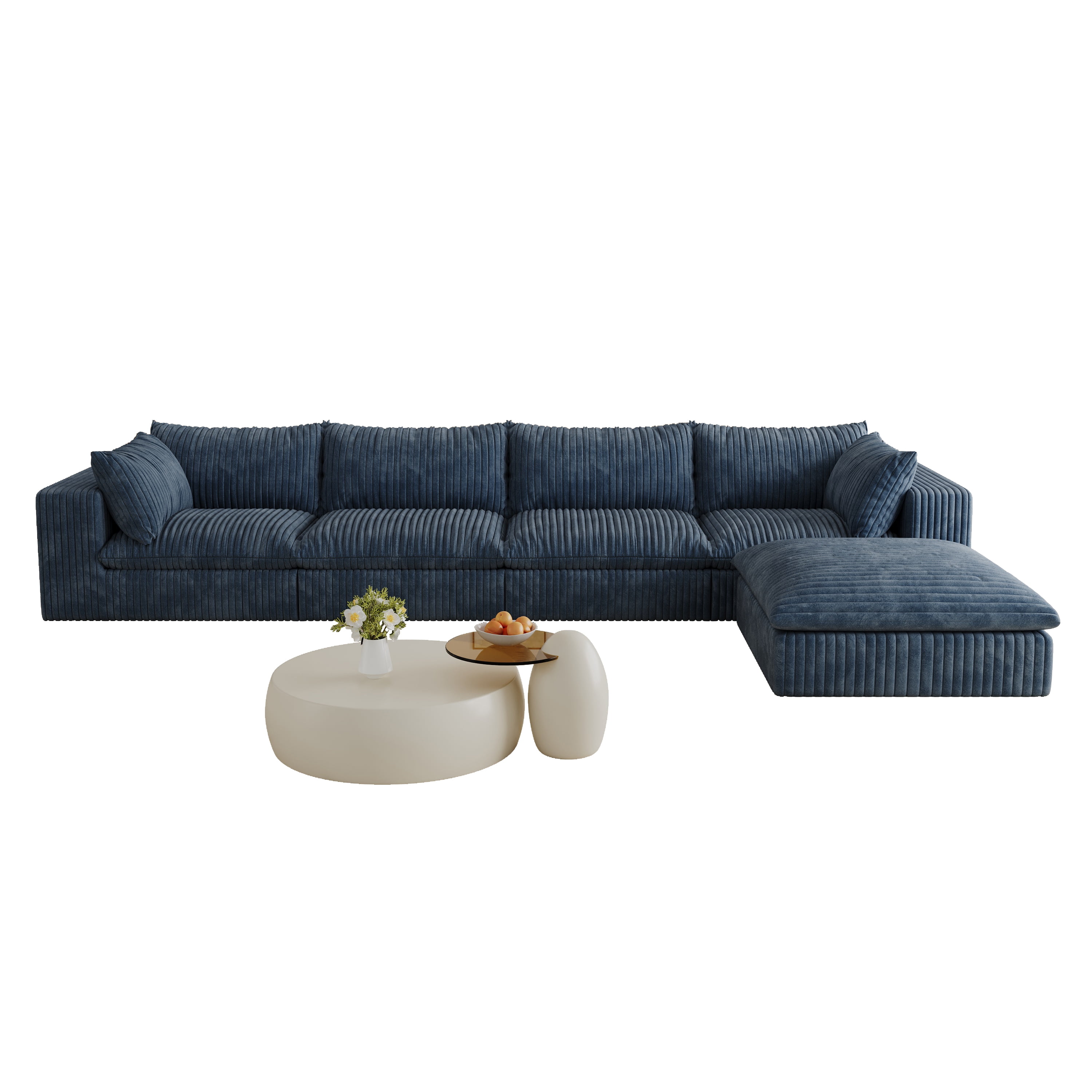 MAYEERTY 157.6" Cloud Sofa Blue Corduroy Fabric Deep Seat Double-Layer Design Removable Cushion No Assembly DIY Combination for Multi-Rooms