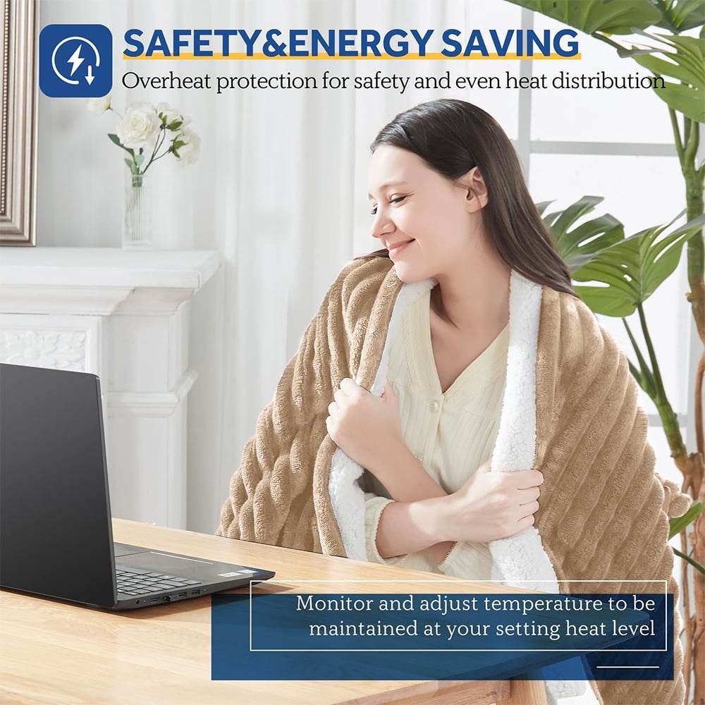 Heated Electric Throw Blanket, 50"x60", 6 Heat Levels, Auto-Off Timer, Machine Washable, Brown