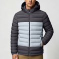 thumbnail image 3 of Iyufng Men's Color Block Hooded Puffer Jackets Horizontal Quilted Zip Up Winter Windproof Coat with Side Pockets and Elastic Cuffs, 3 of 9