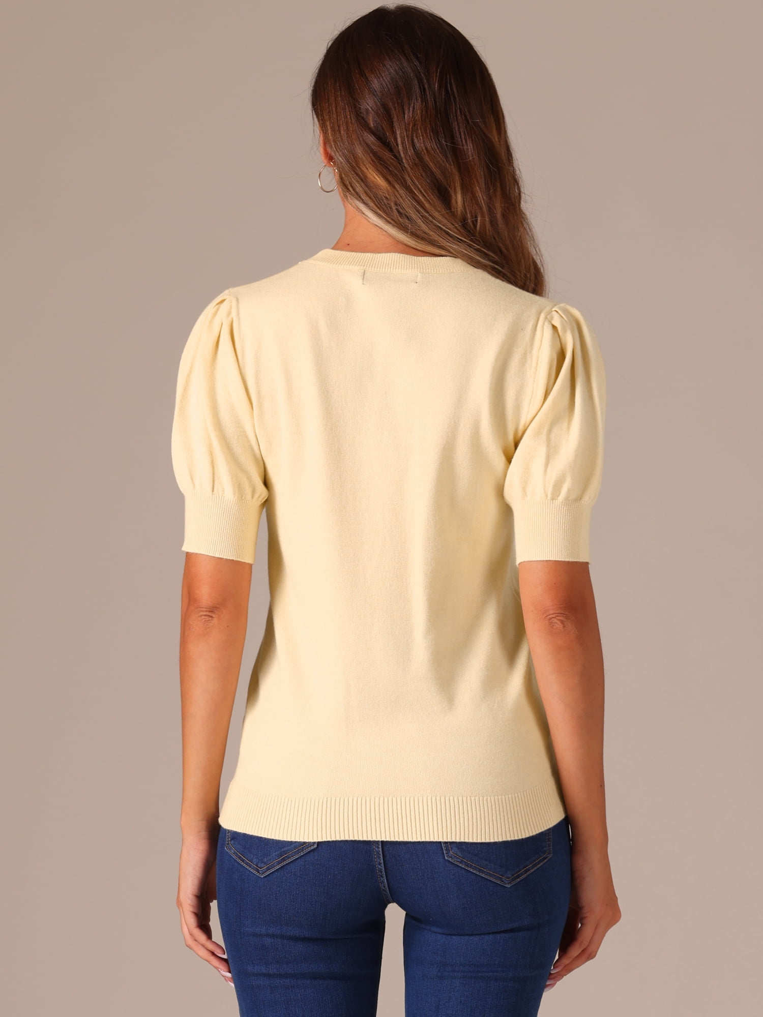 DARING DIVA Ribbed Knit Crew Neck Short Sleeve Tops M Light Beige