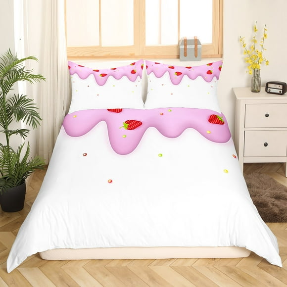 YST Kawaii Strawberry Comforter Cover for Girls Ice Cream Duvet Cover 3pcs Cute Bedding Sets Full Sweet Treats Dessert Bedding Dreaming Girly White Pink Bedroom Decor,Microfiber Soft