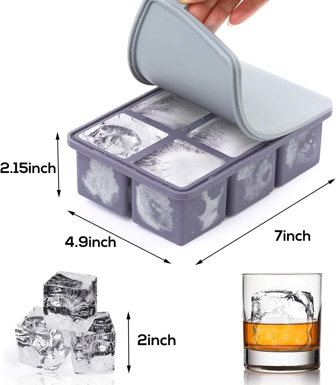 Large Square Ice Cube Tray with lid, Big Block 2 Inch, Giant Cocktail Silicone Ice Maker, Scotch Whiskey Easy Release Reusable Ice Cubes for Soup Freezer Wine Juice
