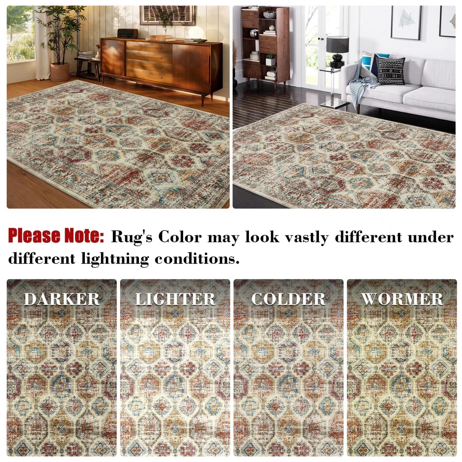 Hasoo Indoor Washable Area Rug 9' x 12' Floral Rugs for Living Room Geometric Throw Floor Mats Non-Slip Accent Carpet Colorful