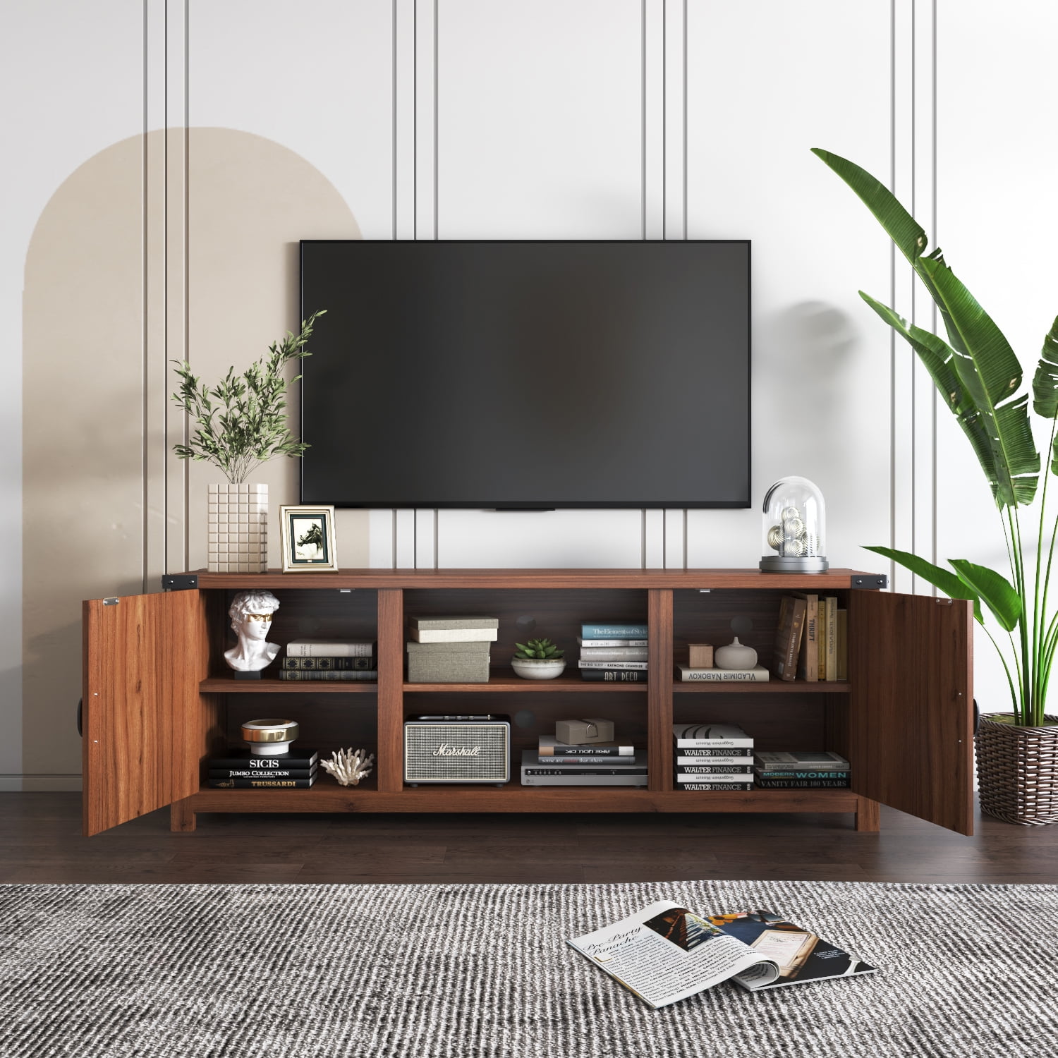 Vineego Farmhouse Barn Two-Door Tv Stand for TVs up to 65", Rustic Brown