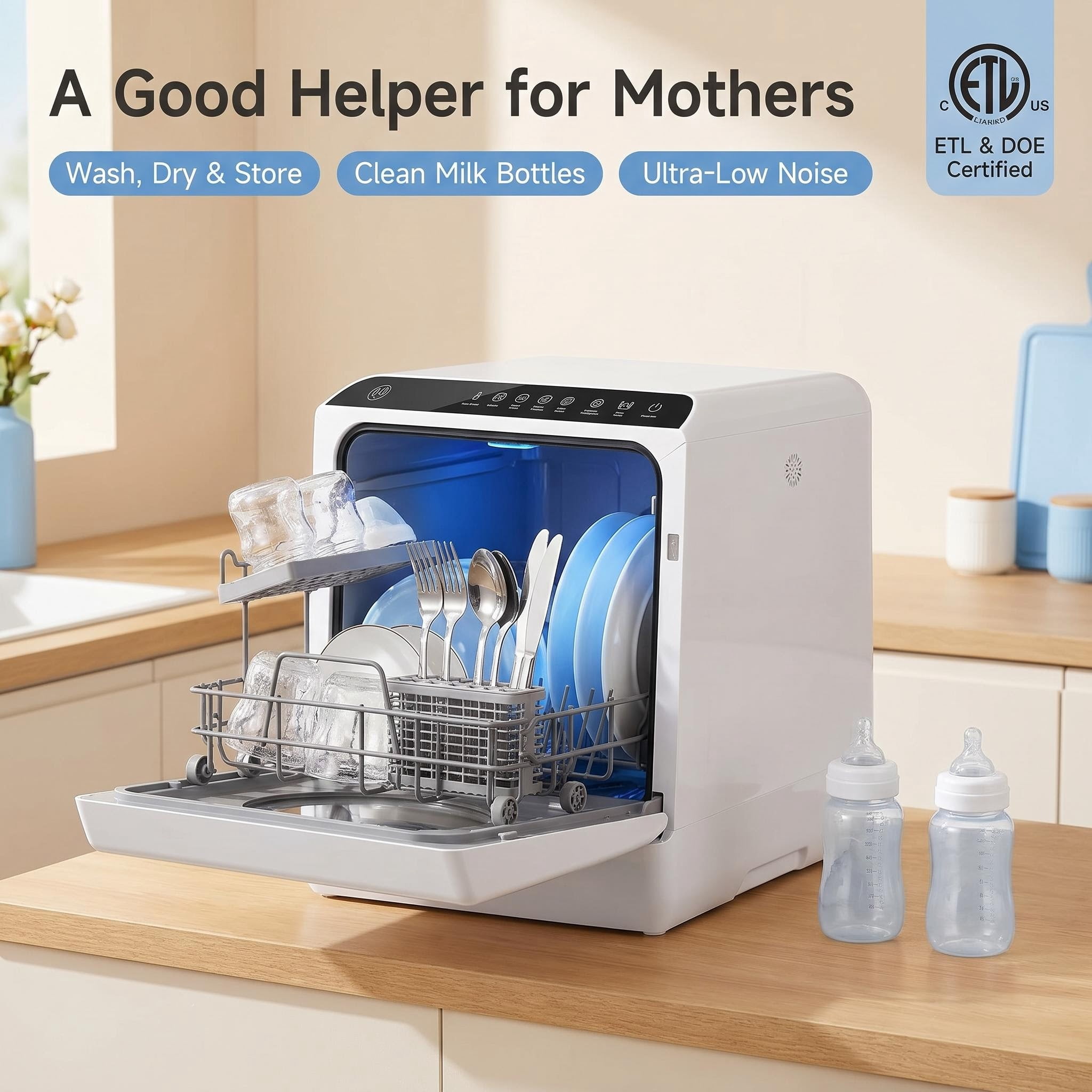 FUNGQI Portable Countertop Dishwasher, 5 Wash Programs with Baby Care & Fruit Modes, 29-Min Quick Wash, Low Noise Mini Dishwasher with Drying & Storage, Water Saving Design for Apartment, RV, Camping