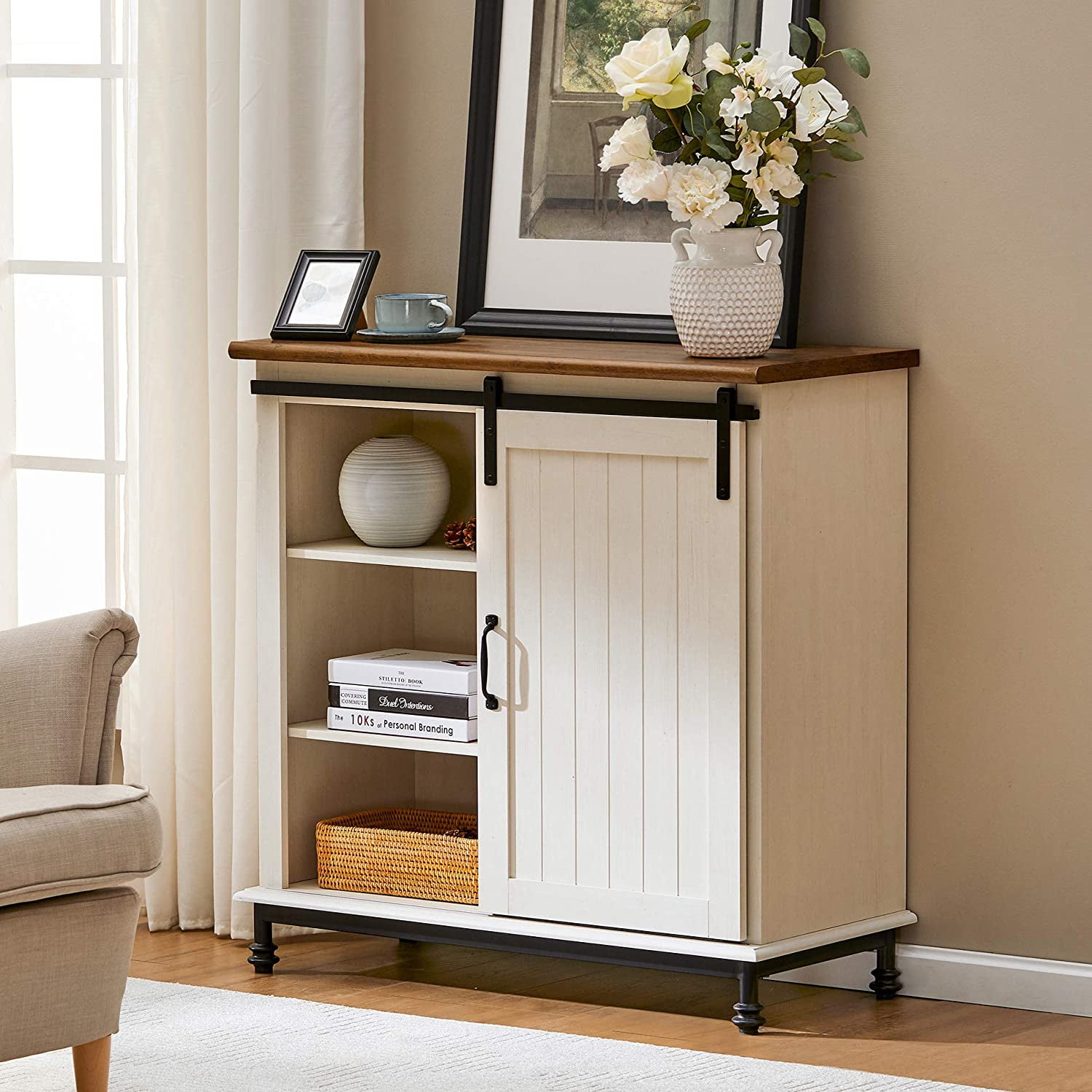 2-in-1 Piece Farmhouse Sliding Barn Door Accent Cabinet Kitchen Storage Shelf, Rustic White