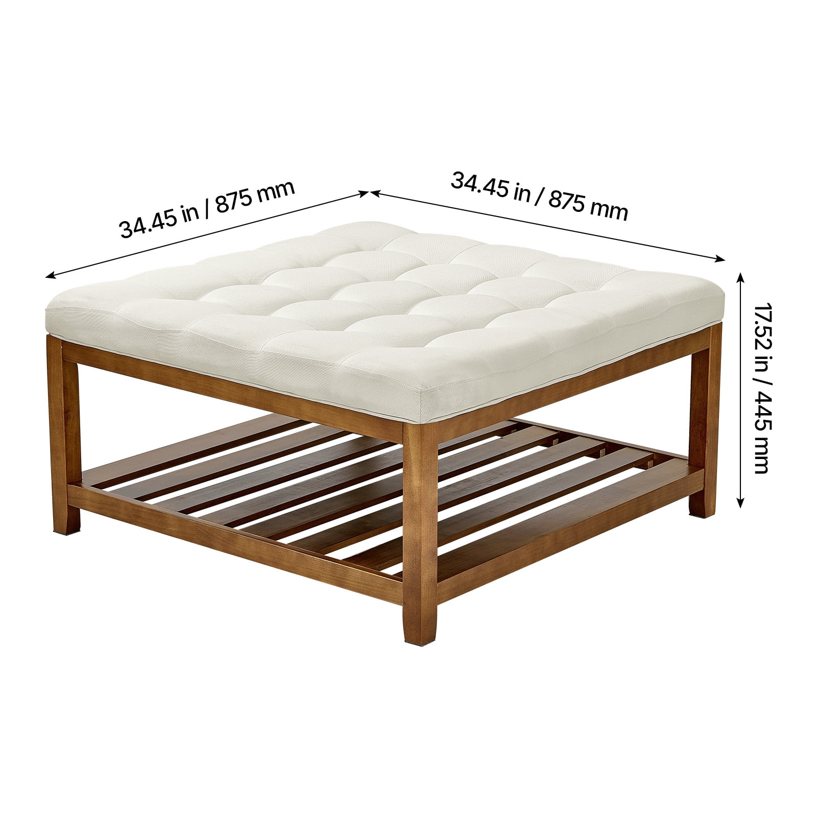 KFFKFF Large Square Ottoman Coffee Table, 34.5-Inch Tufted Design with Solid Wood Storage Shelf, Upholstered Linen Footrest for Bedroom or Living Room, 400 lbs Capacity, Off-White