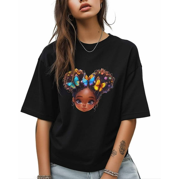T Shirts for Women Short Sleeve Cotton Crewneck T-Shirt, African Woman Butterfly Cartoon Tee Tops Casual Basic T-Shirts, XS-5XL Black XXL