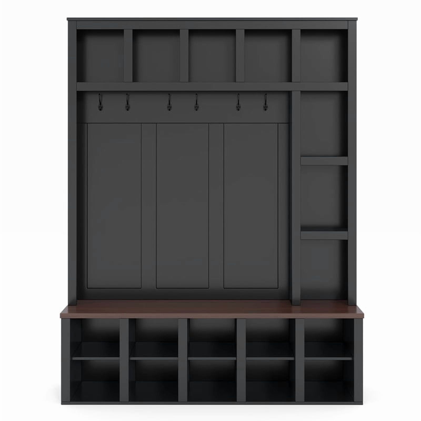 Farmhouse 4-in-1 Entryway Hall Tree with 6 Hooks, Versatile Storage Bench with Open Cubbies, Entryway Coat Rack with Adjustable Shelves for Mudroom, Living Room