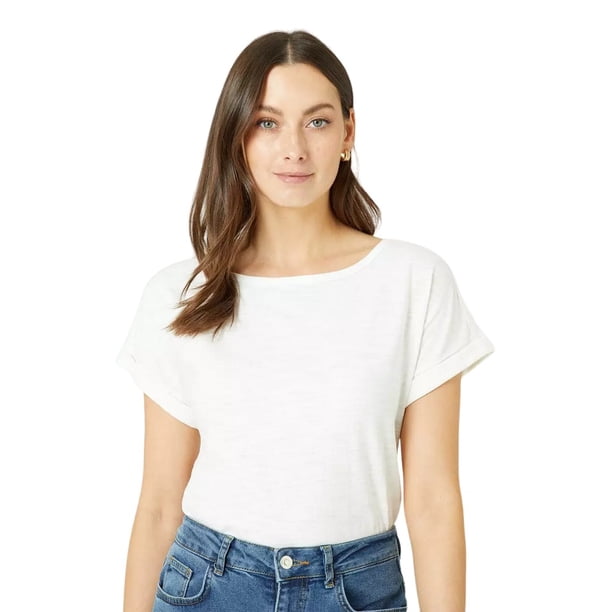 Maine - Camiseta Essential de Slub Manga Enrollada para Mujer (Marfil)