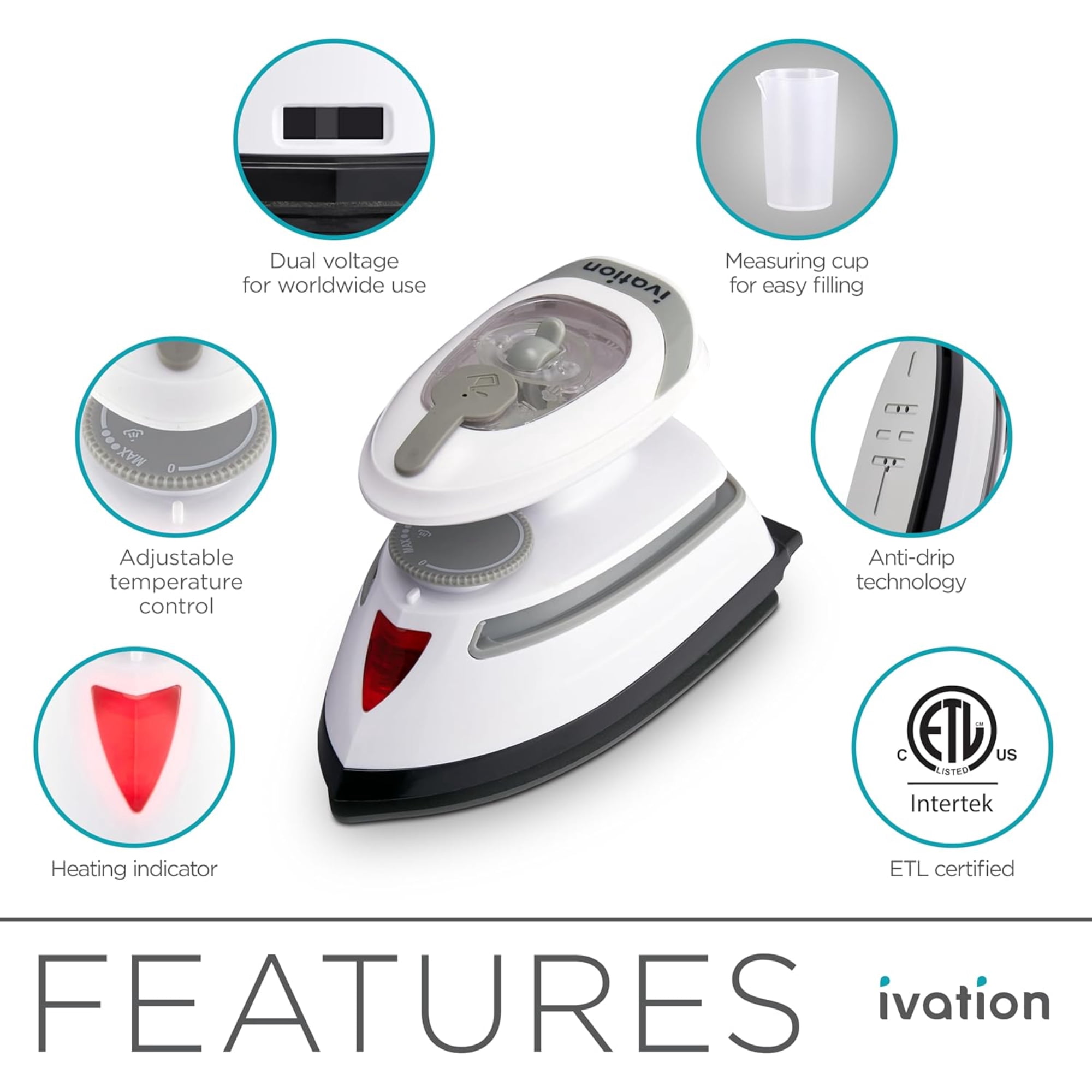 IVATION Travel Steam Iron with Nonstick Soleplate - Compact White Finish