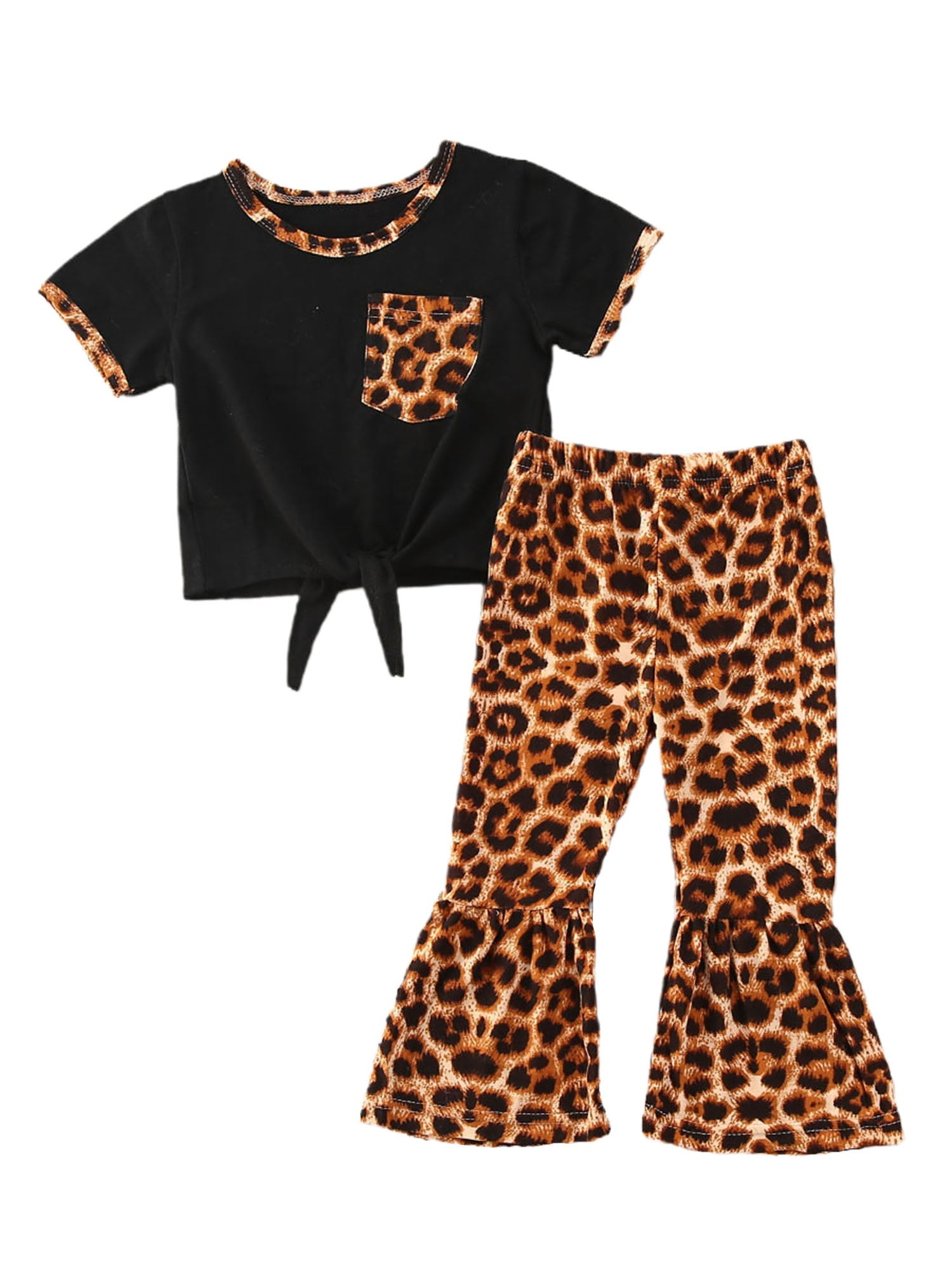 Little Girl 2Pcs Short Sleeves, Flared Pants, Leopard Print With Pocket