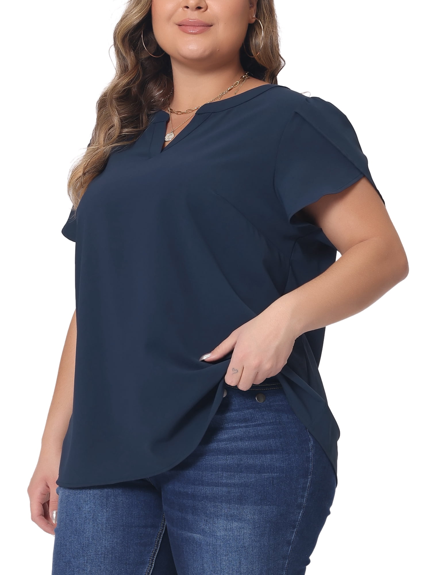 Women's Plus Blouses Notched V Neck Short Petal Sleeve Shirts Casual Dressy Tops 1X Dark Blue