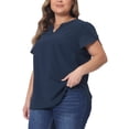thumbnail image 2 of Women's Plus Blouses Notched V Neck Short Petal Sleeve Shirts Casual Dressy Tops 1X Dark Blue, 2 of 6