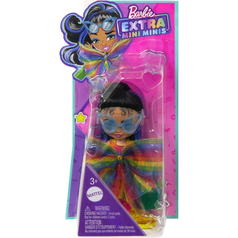 Barbie Extra Mini Minis Doll with Blue-Streaked Black Ponytail in Rainbow  Dress & Accessories 
