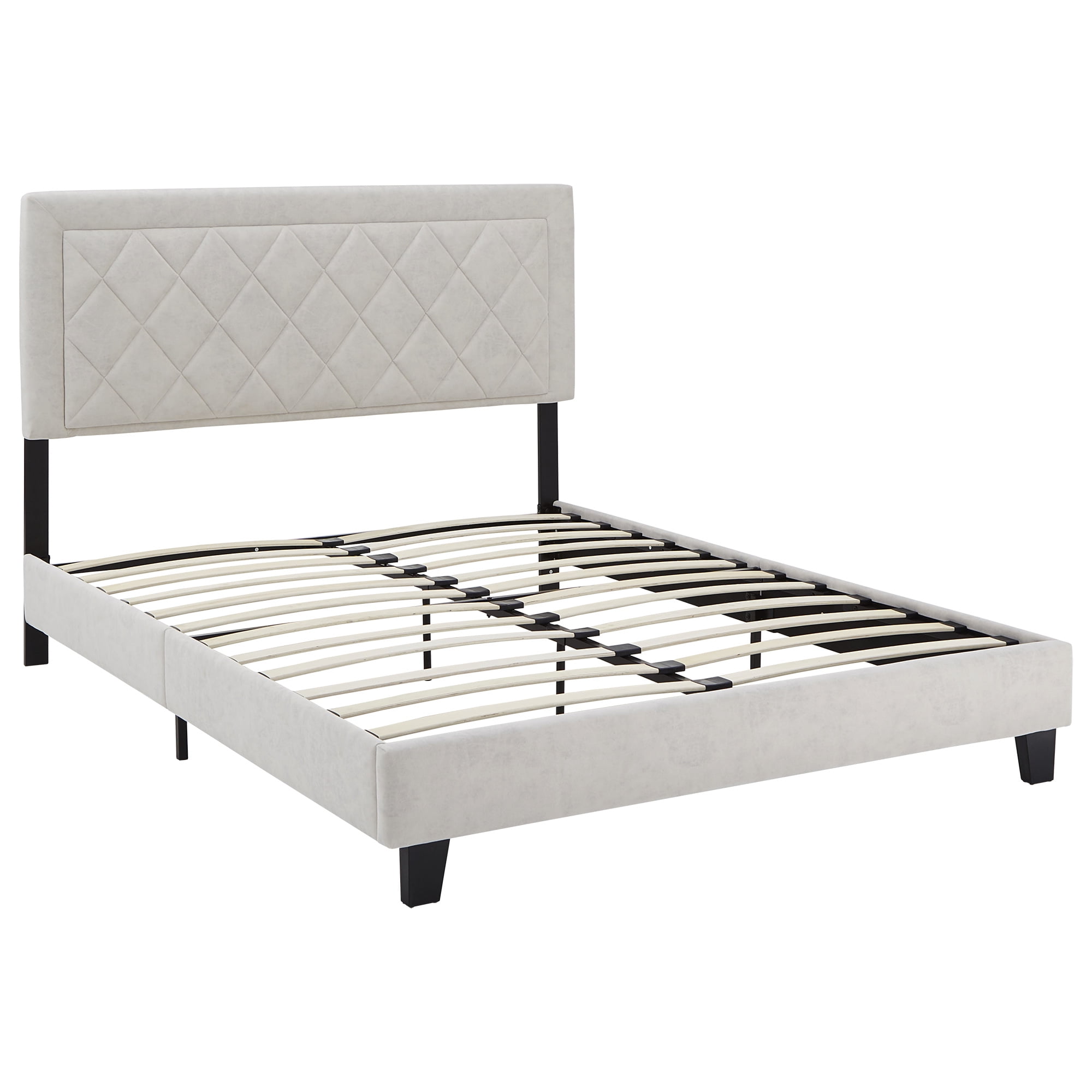 Weston Home Brielle Black Finish Frame with Velvet Upholstered Platform Queen Bed, Cream