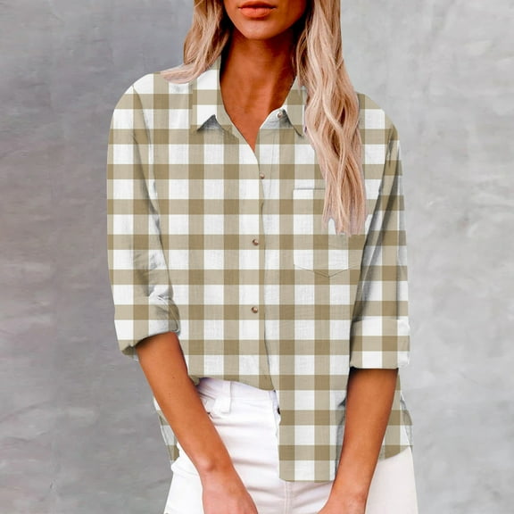 Blmnix Womens Button Down Shirts Beige Peasant Plaid Women Long Sleeve Tops V-Neck Long Sleeve Shirts