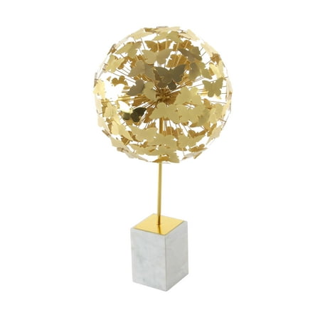 Forged Iron Sculpture Decmode Contemporary 24 inch gold iron butterfly ball sculpture with white marble base, Gold ()