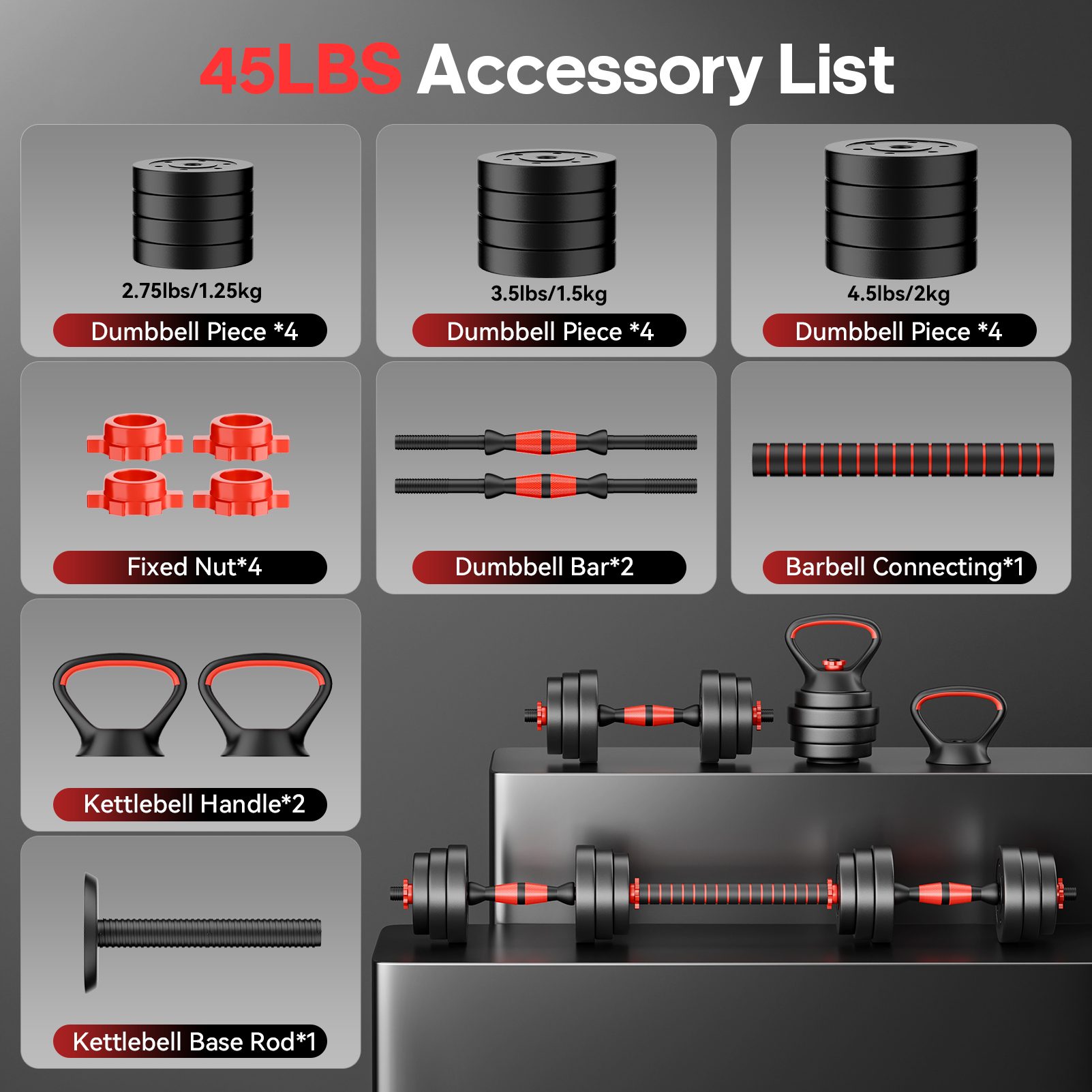Vebreda 45LB Adjustable Dumbbell Set 4-in-1, Converts to Barbell, Kettlebell & Push-Up Stand, Home Gym Fitness Equipment for Full Body Strength Training