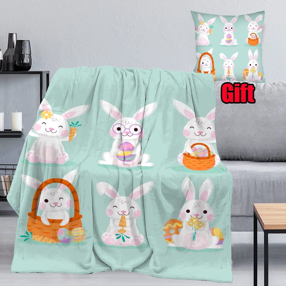 Dicasser Easter Happy Bunny Blankets With Pillowcase Soft Warm Cozy
